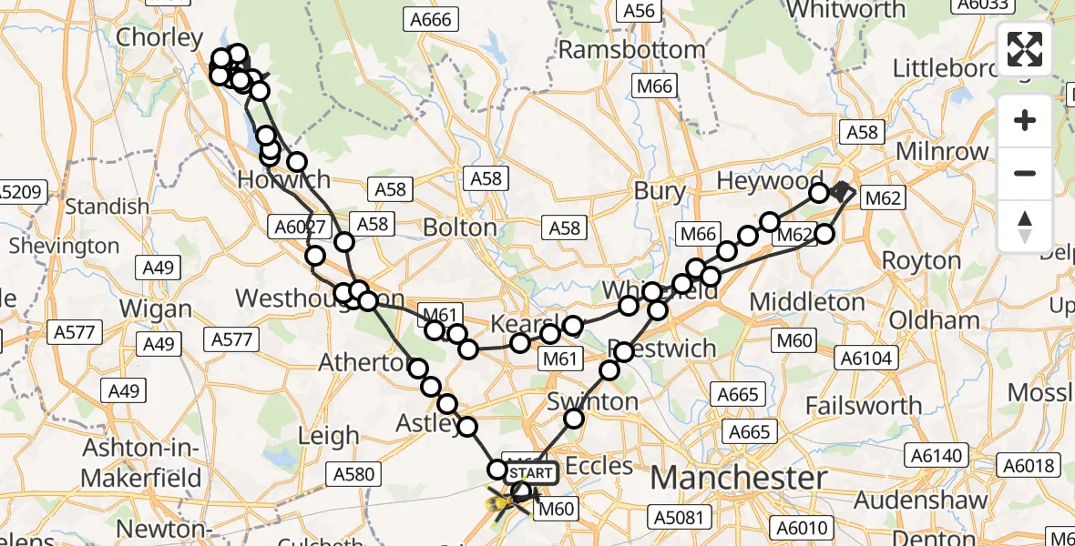Flight path map showing Police Helicopter route from Worsley to Manchester Barton Aerodrome