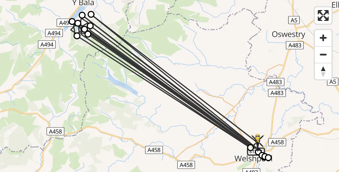Flight path map showing Police Helicopter route from Welshpool to Guilsfield