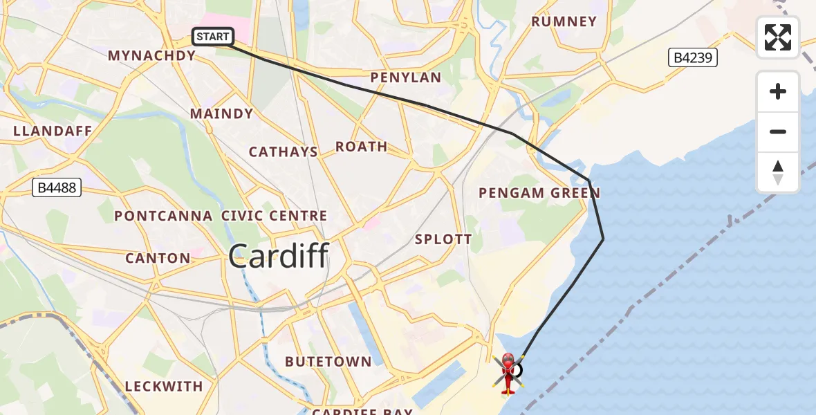 Flight path map showing Air Ambulance Helicopter route from Cardiff to Cardiff Heliport
