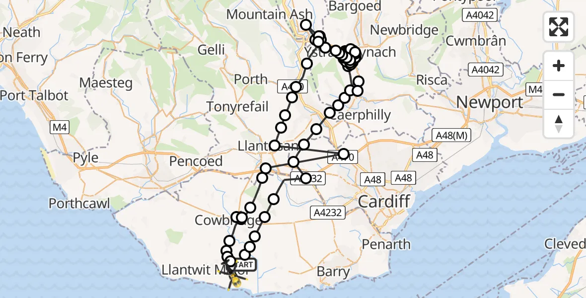 Flight path map showing Police Helicopter route from MOD St Athan to MOD St Athan