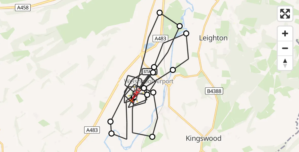 Flight path map showing Air Ambulance Helicopter route from Welshpool Airport to Welshpool Airport