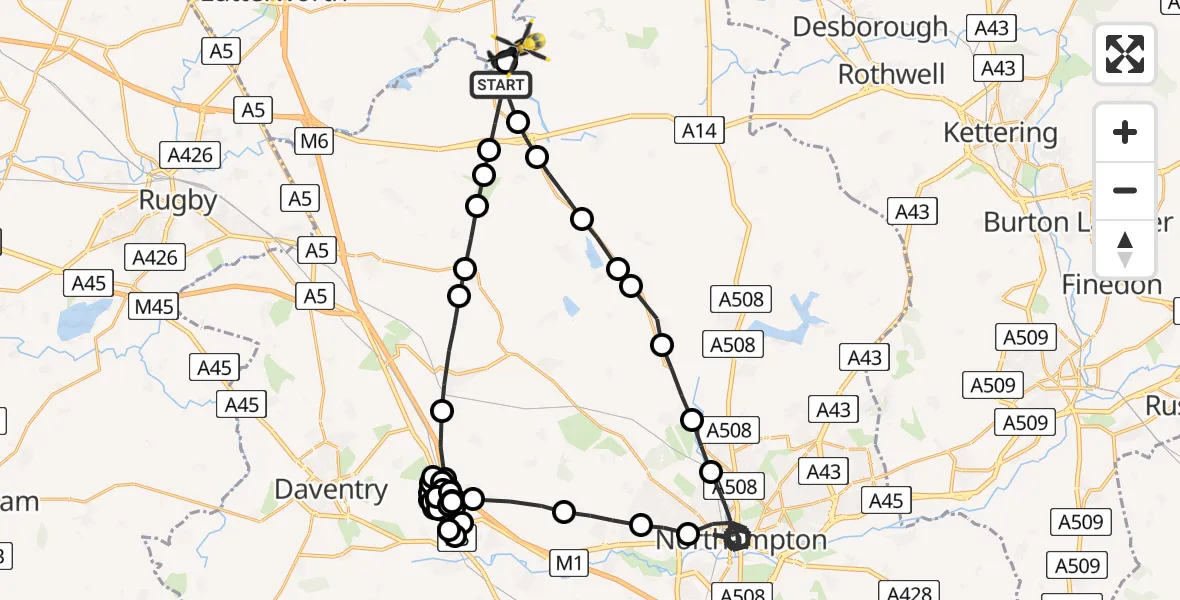 Flight path map showing Police Helicopter route from Welford to Harborough