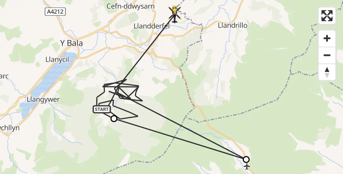 Routekaart van de vlucht: Police Helicopter to Llandderfel