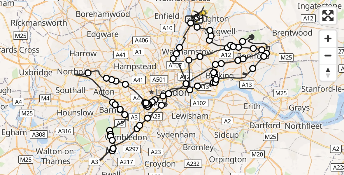 Flight path map showing Police Helicopter route from Greater London to Metropolitan Police Air Support Unit Lippitts Hill