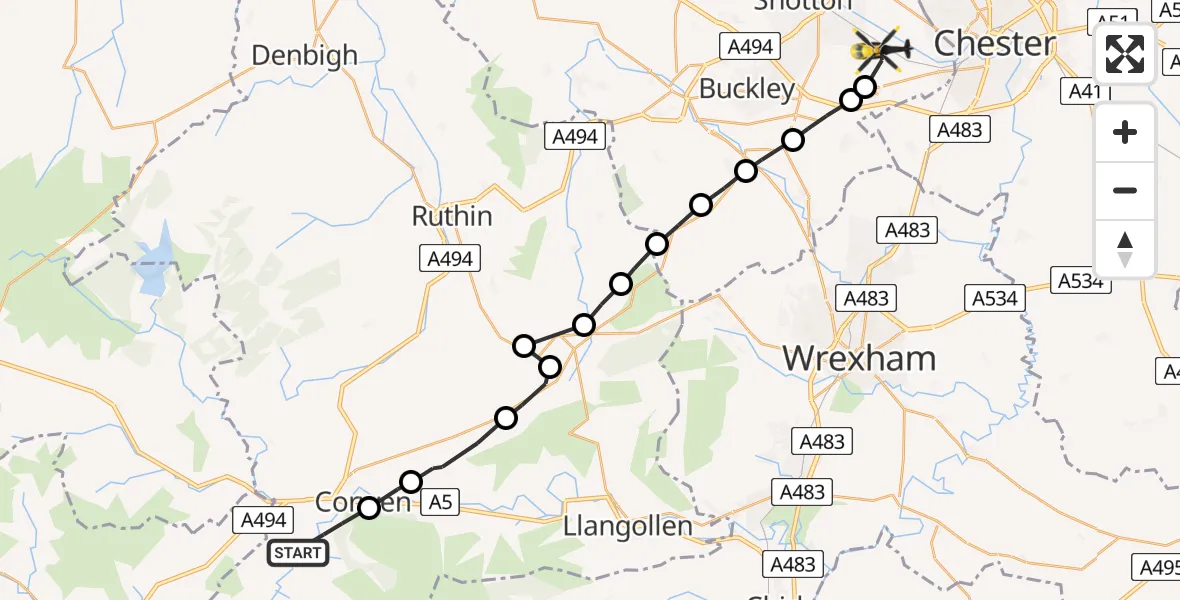 Flight path map showing Police Helicopter route from Cynwyd to Hawarden Airport