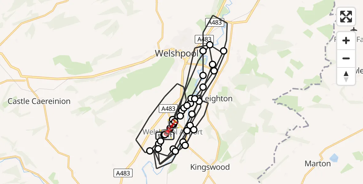 Flight path map showing Air Ambulance Helicopter route from Welshpool Airport to Welshpool Airport