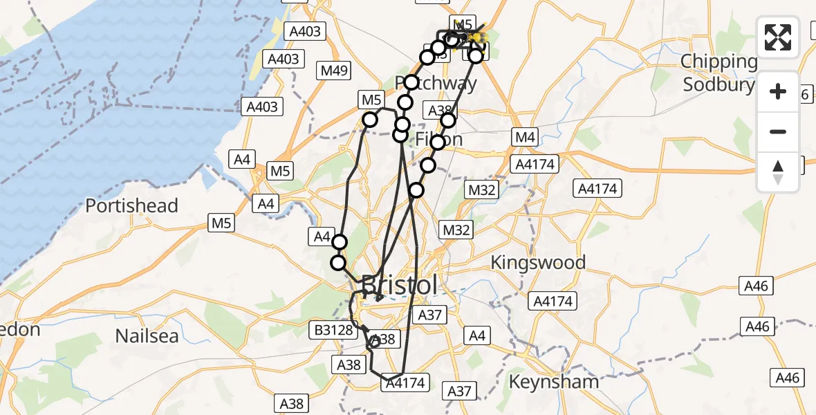 Flight path map showing Police Helicopter route from Almondsbury Helicopter Base to Almondsbury Helicopter Base