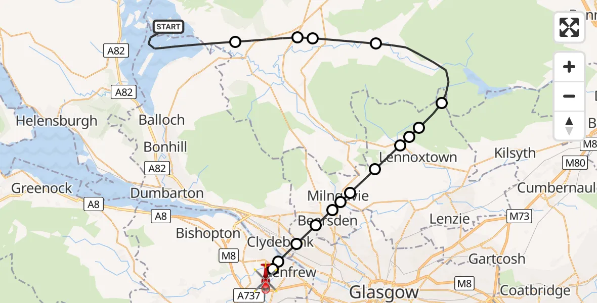 Flight path map showing Air Ambulance Helicopter route from Loch Lomond to Glasgow Airport