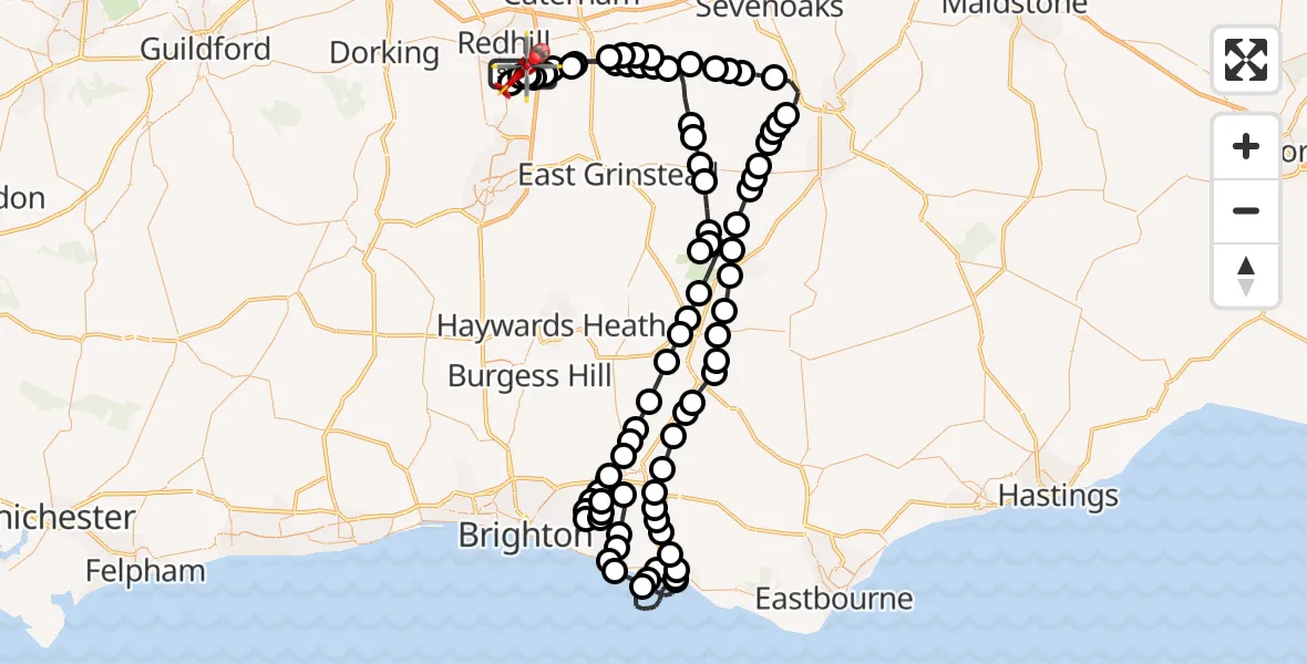 Flight path map showing Air Ambulance Helicopter route from Redhill Aerodrome to Redhill Aerodrome