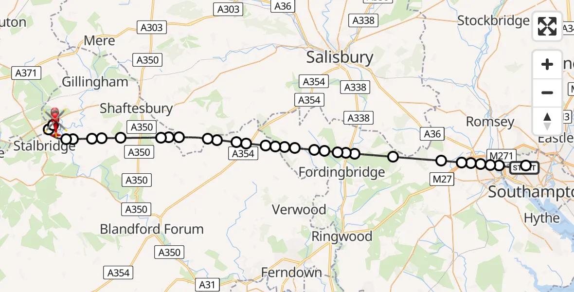 Flight path map showing Air Ambulance Helicopter route from University Hospital Southampton to Henstridge Airfield