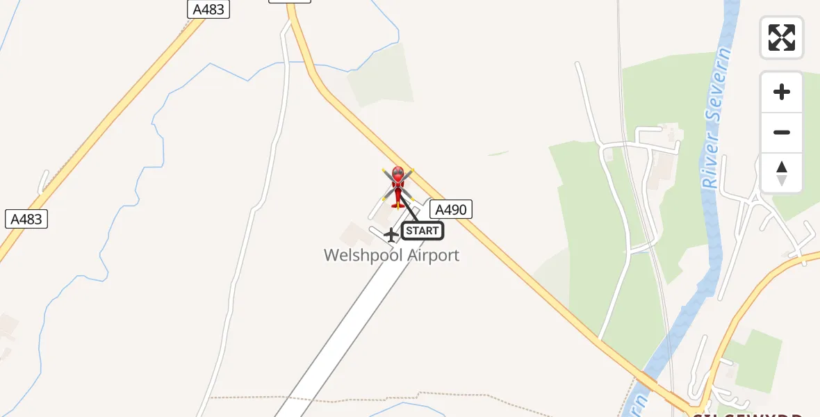 Flight path map showing Air Ambulance Helicopter route from Welshpool Airport to Welshpool Airport