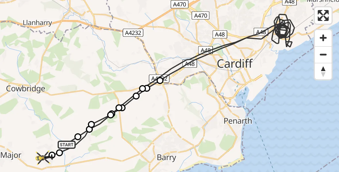 Flight path map showing Police Helicopter route from Llancarfan to MOD St Athan