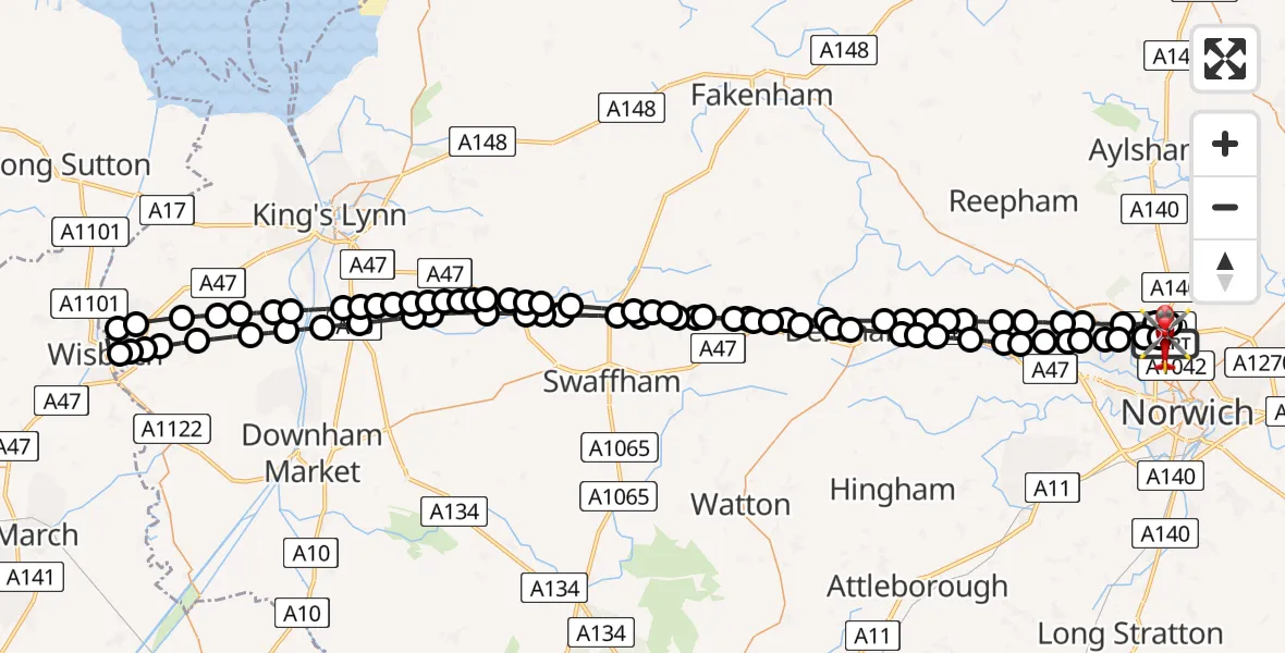 Flight path map showing Air Ambulance Helicopter route from Norwich Airport to Norwich Airport
