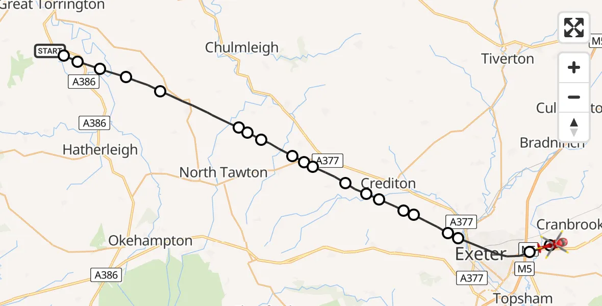 Flight path map showing Air Ambulance Helicopter route from Little Torrington to Exeter International Airport