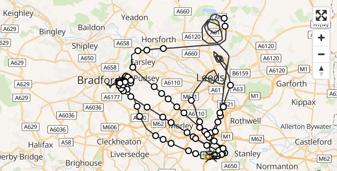 Flight path map showing Police Helicopter route from East Ardsley to East Ardsley