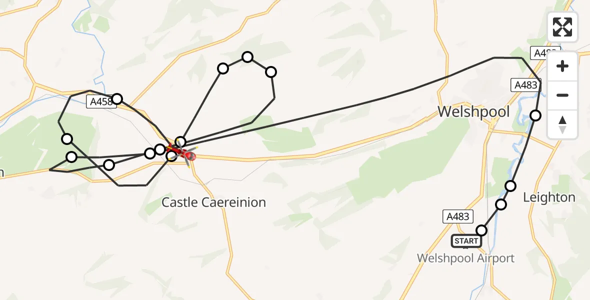 Flight path map showing Air Ambulance Helicopter route from Welshpool Airport to Welshpool