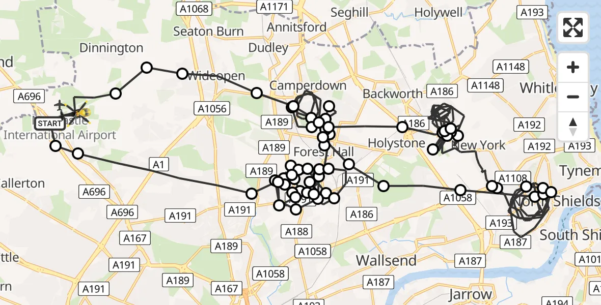 Flight path map showing Police Helicopter route from Newcastle International Airport to Newcastle International Airport