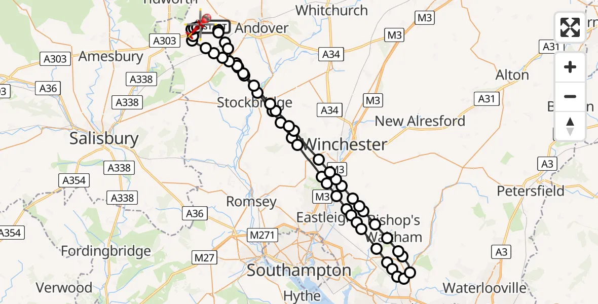 Flight path map showing Air Ambulance Helicopter route from Thruxton to Thruxton Aerodrome