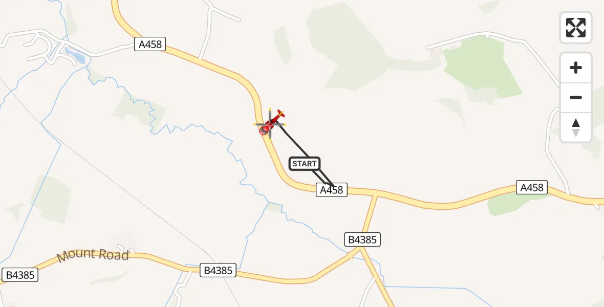 Flight path map showing Air Ambulance Helicopter route from Welshpool to Welshpool