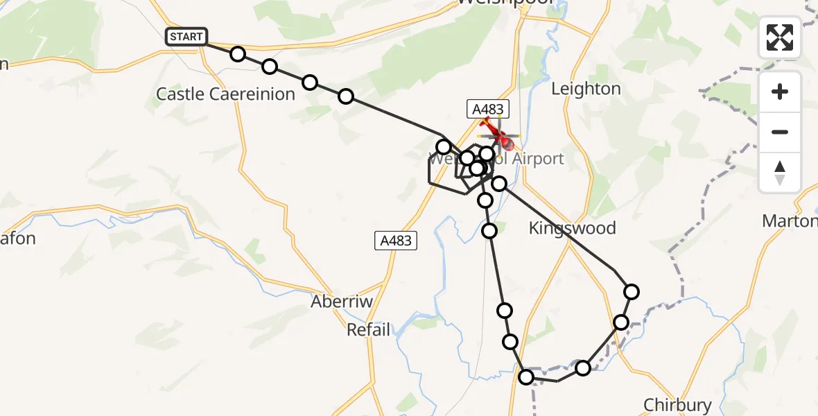 Flight path map showing Air Ambulance Helicopter route from Welshpool to Welshpool Airport