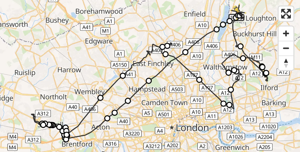 Flight path map showing Police Helicopter route from Greater London to Sewardstonebury
