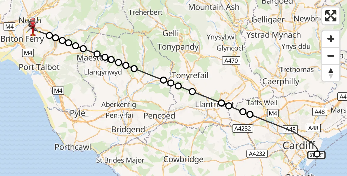 Flight path map showing Air Ambulance Helicopter route from Cardiff Heliport to Neath