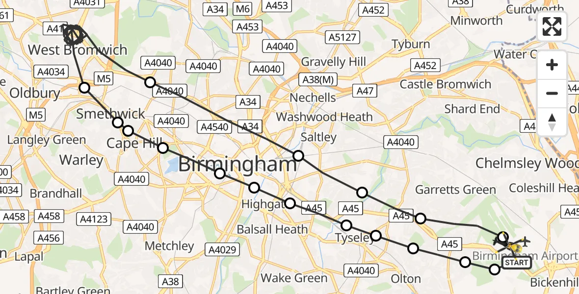 Flight route Police Helicopter Birmingham Airport - Birmingham Airport, 21 March 2026, 23:12
