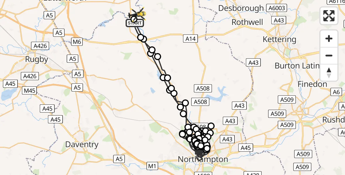 Flight path map showing Police Helicopter route from Welford to Harborough