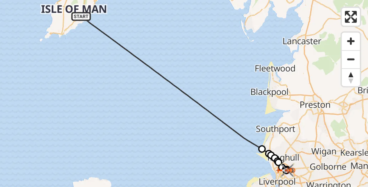 Flight path map showing Coastguard Helicopter route from Irish Sea to Liverpool