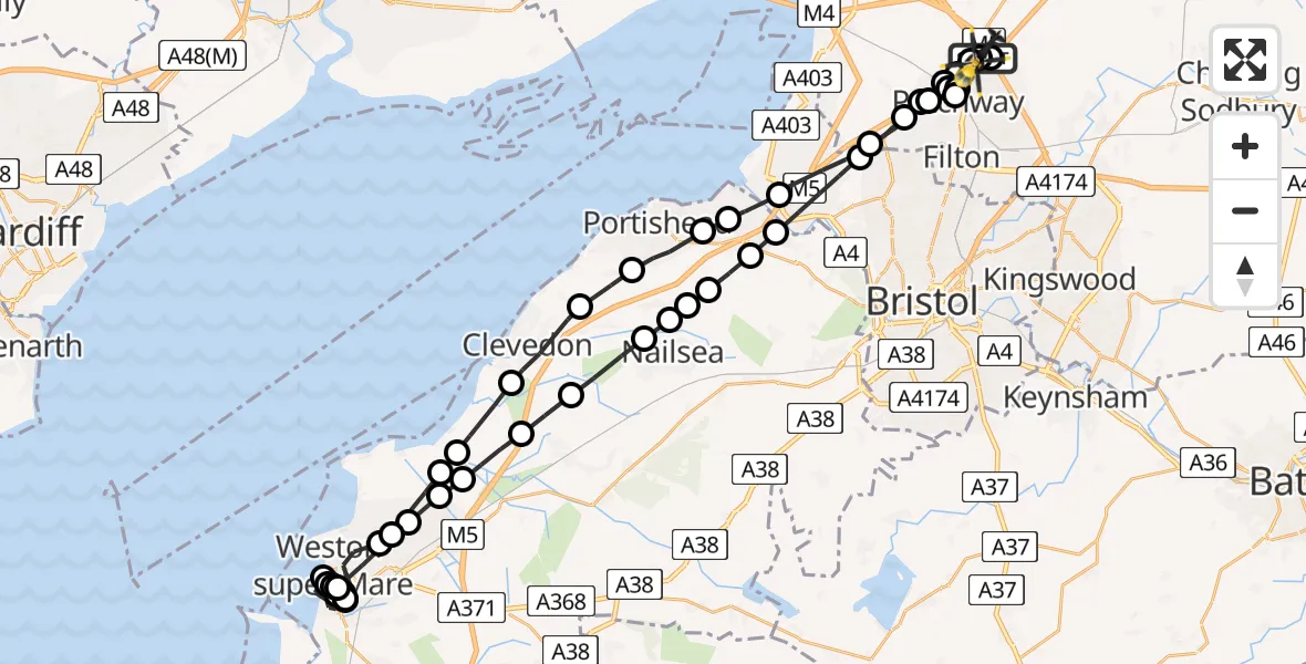 Flight path map showing Police Helicopter route from Almondsbury Helicopter Base to Almondsbury Helicopter Base