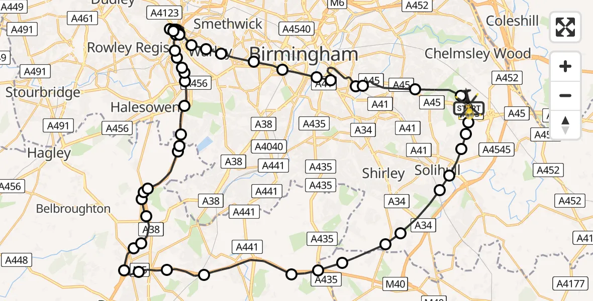 Flight route Police Helicopter Birmingham Airport - Birmingham Airport, 22 March 2026, 00:05
