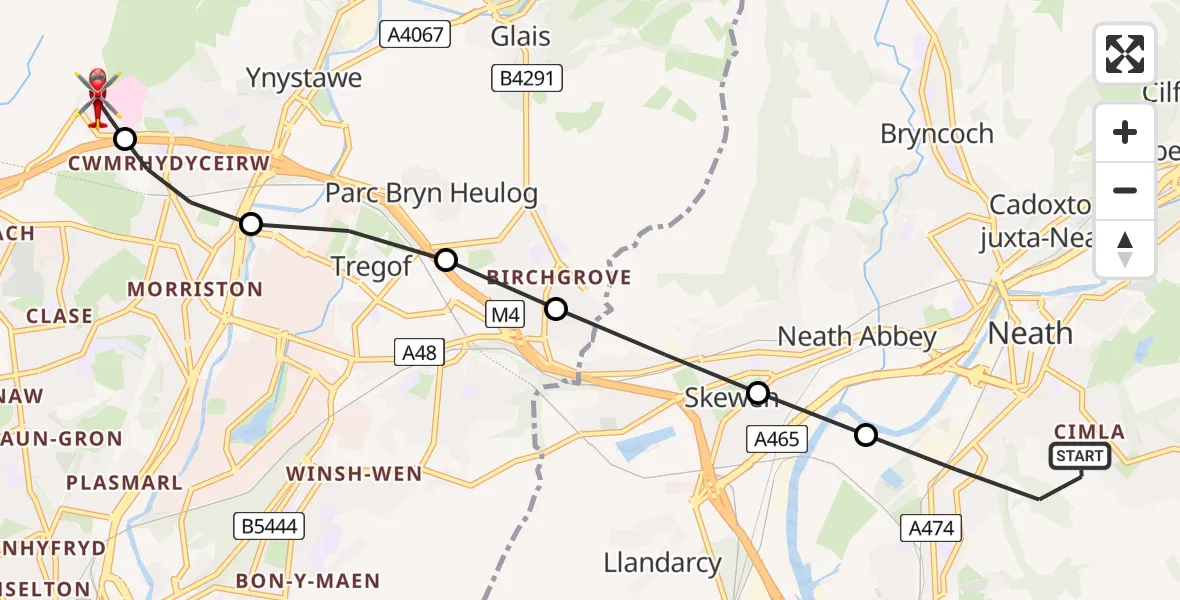 Flight path map showing Air Ambulance Helicopter route from Neath to Morriston Hospital Helipad