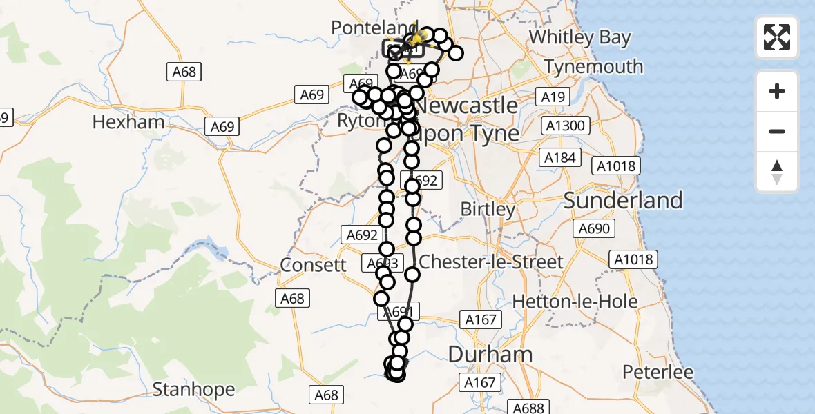 Flight path map showing Police Helicopter route from Newcastle International Airport to Newcastle International Airport