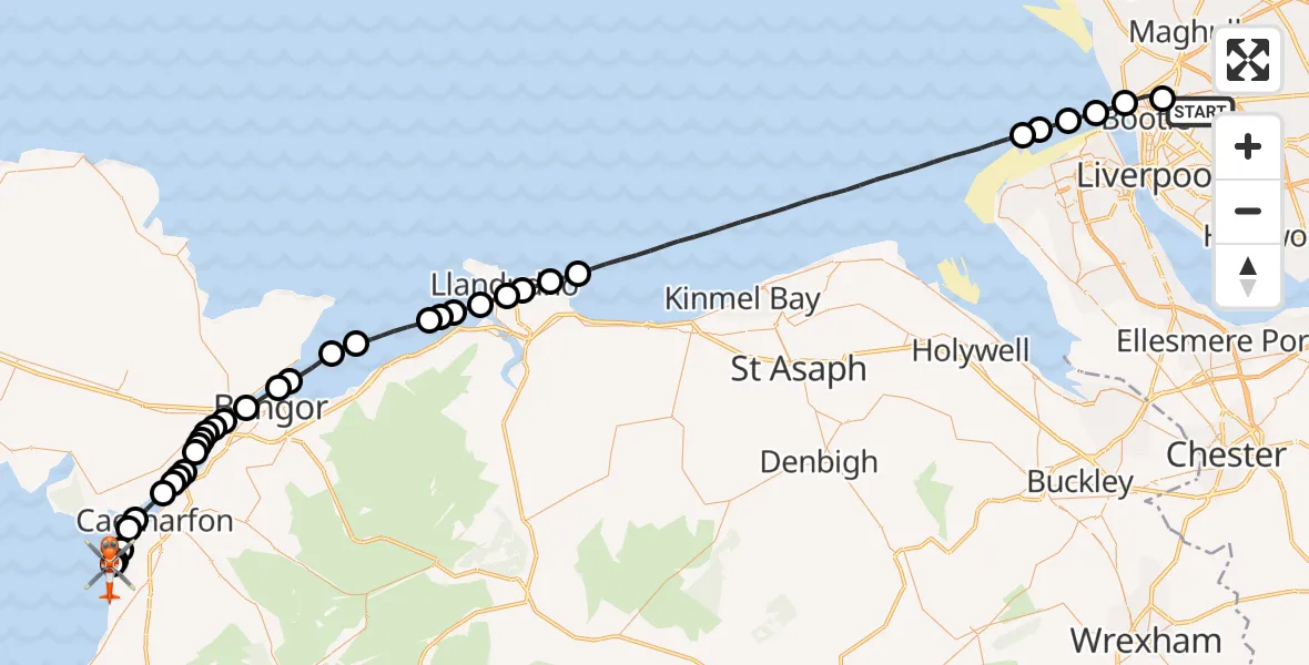 Flight path map showing Coastguard Helicopter route from Liverpool to Caernarfon Airport
