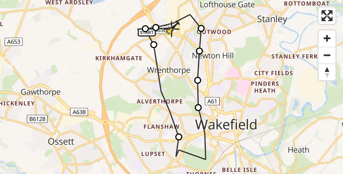 Flight path map showing Police Helicopter route from East Ardsley to Wrenthorpe