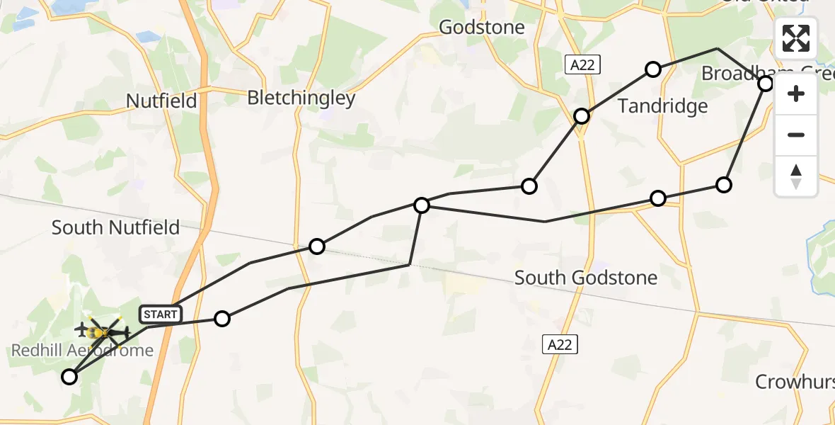 Flight path map showing Police Helicopter route from South Nutfield to Redhill Aerodrome