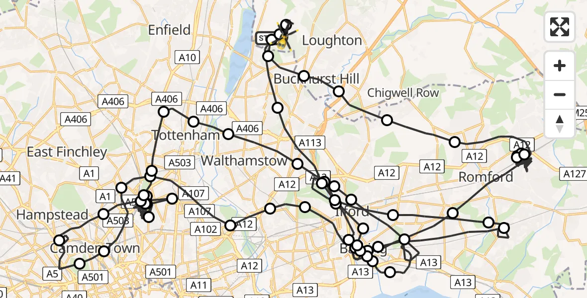Flight path map showing Police Helicopter route from Greater London to Sewardstonebury