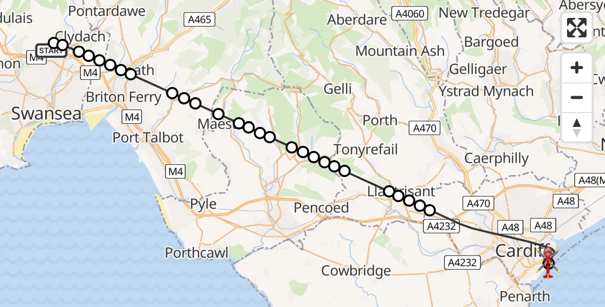 Flight path map showing Air Ambulance Helicopter route from Morriston Hospital Helipad to Cardiff Heliport