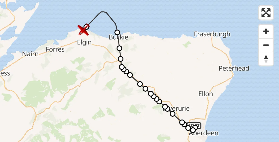 Flight path map showing Air Ambulance Aircraft route from Aberdeen International Airport to Lossiemouth