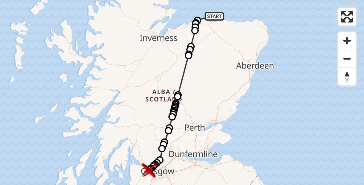 Flight path map showing Air Ambulance Aircraft route from North Sea to Glasgow Airport