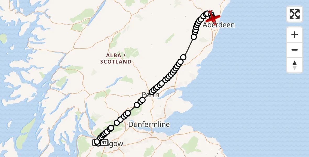 Flight path map showing Air Ambulance Aircraft route from Glasgow Airport to Aberdeen City