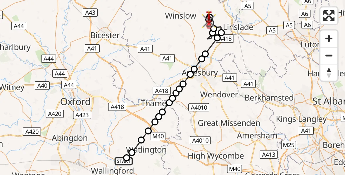 Flight path map showing Air Ambulance Helicopter route from RAF Benson to Stewkley