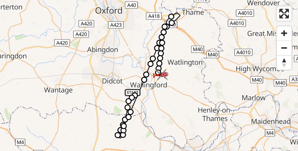 Flight path map showing Air Ambulance Helicopter route from South Moreton to RAF Benson