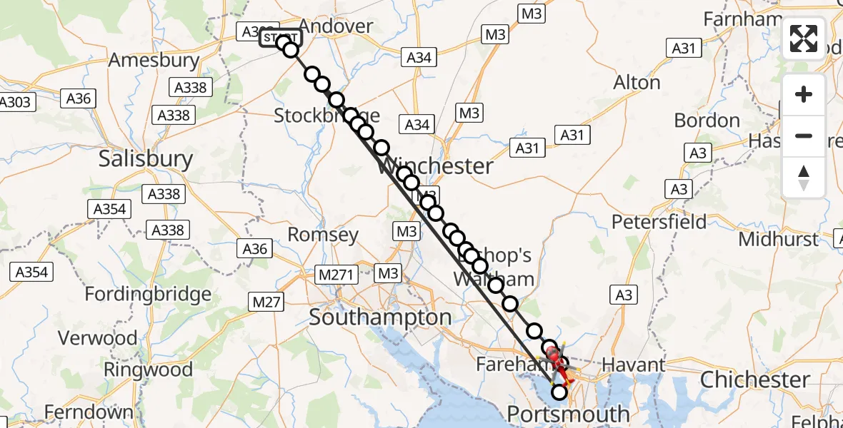 Flight path map showing Air Ambulance Helicopter route from Amport to Portsmouth