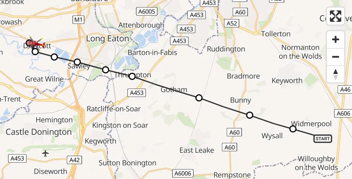 Flight path map showing Air Ambulance Helicopter route from Widmerpool to Draycott
