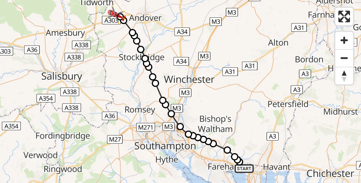 Flight path map showing Air Ambulance Helicopter route from Portsmouth to Thruxton