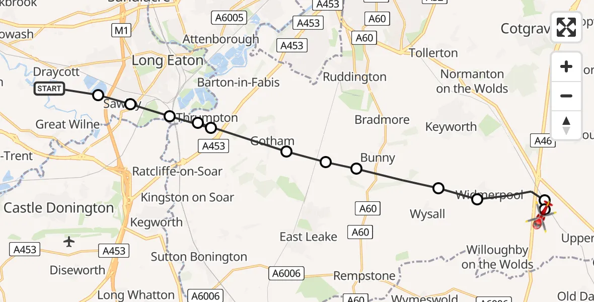 Routekaart van de vlucht: Air Ambulance Helicopter to Nottingham Heliport