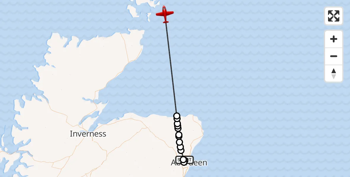 Flight path map showing Air Ambulance Aircraft route from Aberdeen International Airport to North Sea