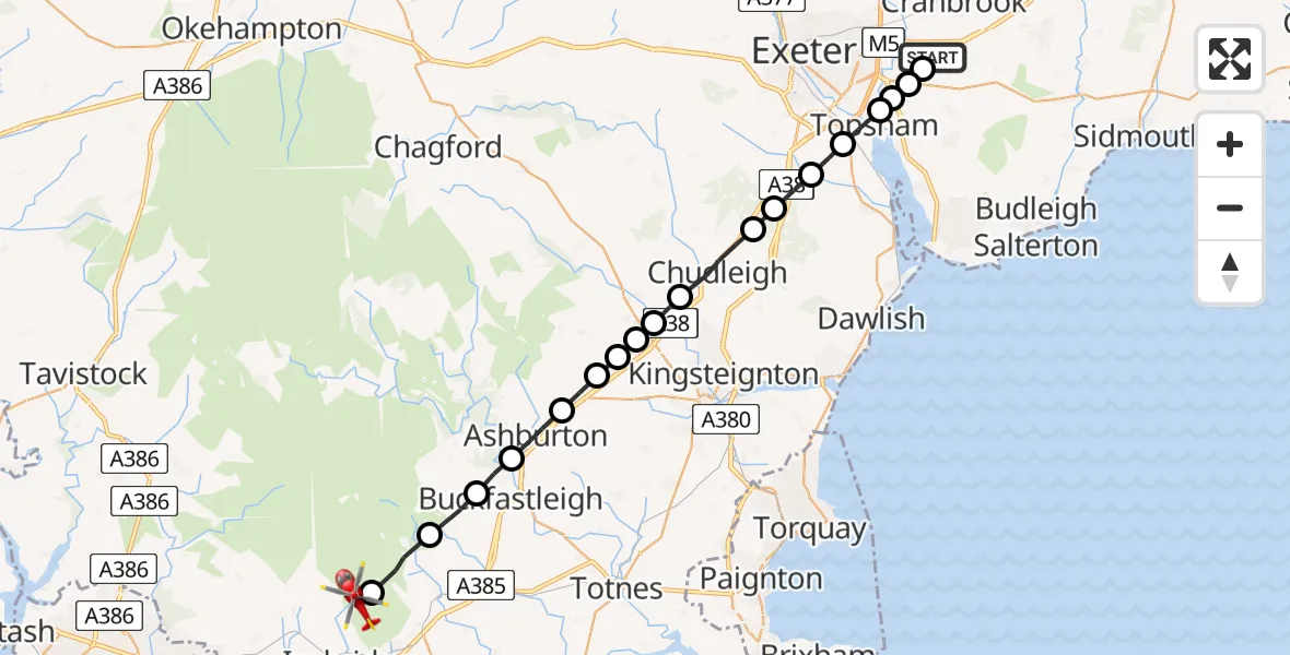 Flight path map showing Air Ambulance Helicopter route from East Devon to South Hams