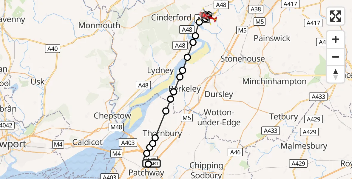 Flight path map showing Air Ambulance Helicopter route from Almondsbury Helicopter Base to Chaxhill